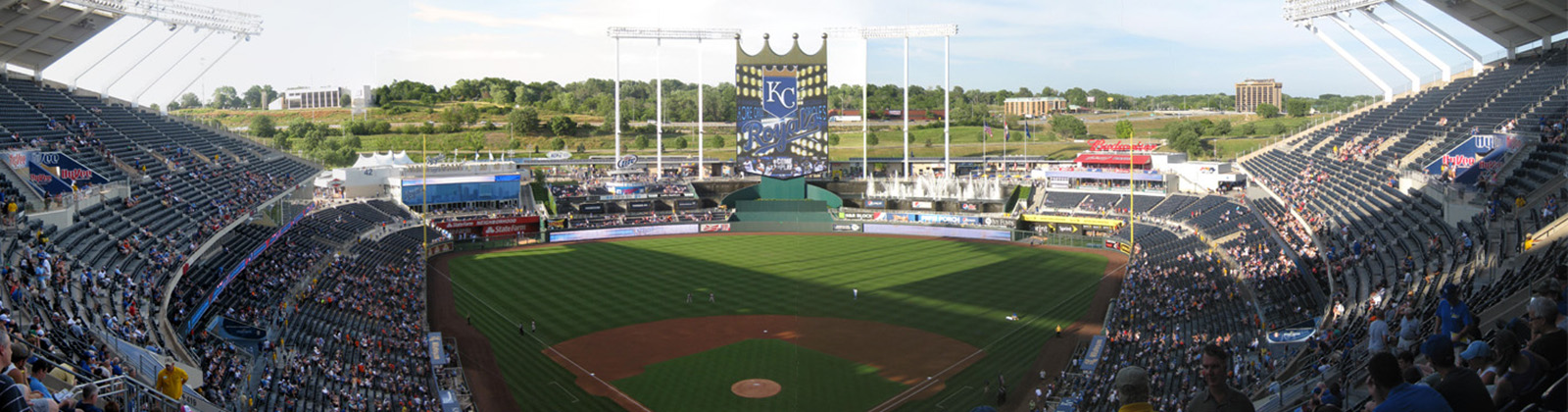 Panoramic view of the seating bowl at Kauffman Stadium during a Kansas City Royals game
