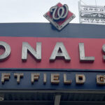 Signage denotes the left field gate at Nationals Park in Washington, D.C.