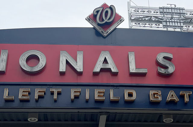 Signage denotes the left field gate at Nationals Park in Washington, D.C.
