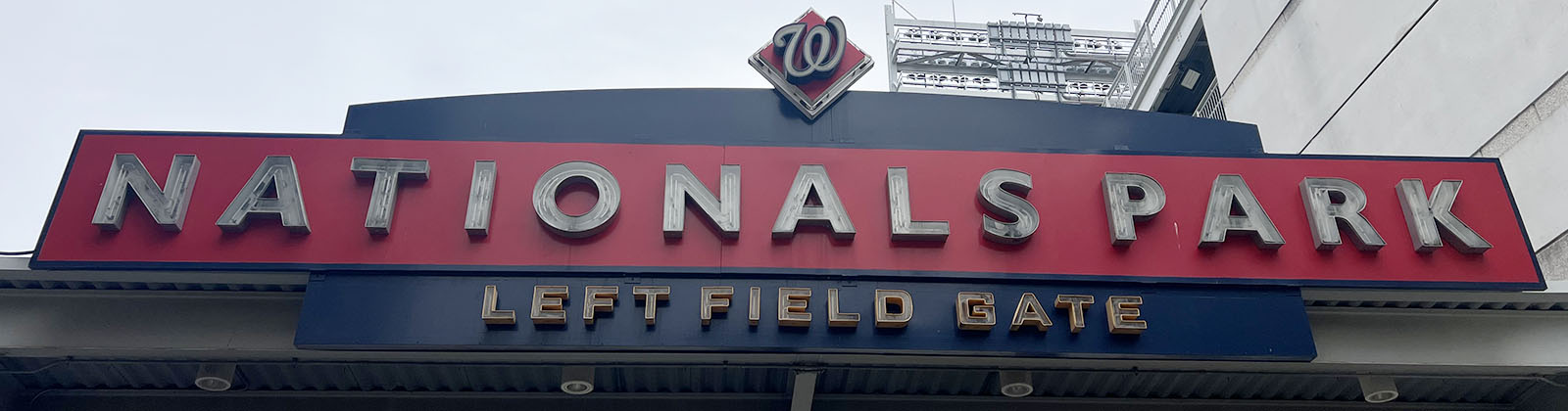 Signage denotes the left field gate at Nationals Park in Washington, D.C.