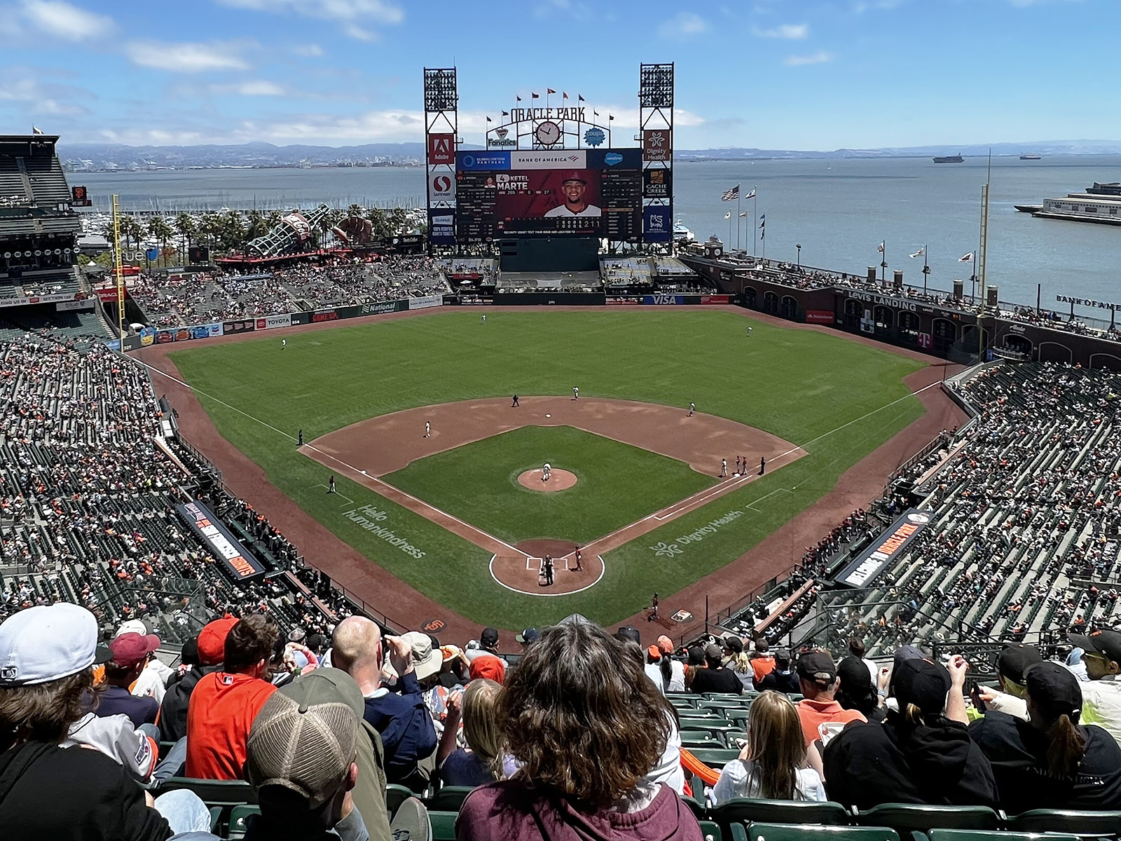 View from the upper deck behind home plate at Oracle Park in San Francisco, California