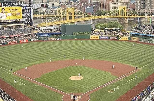 Panoramic view of the field at PNC Park in Pittsburgh, Pennsylvania, during a Pirates baseball game