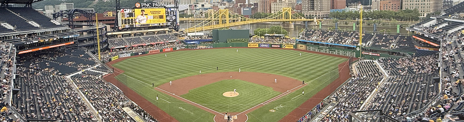 Panoramic view of the field at PNC Park in Pittsburgh, Pennsylvania, during a Pirates baseball game