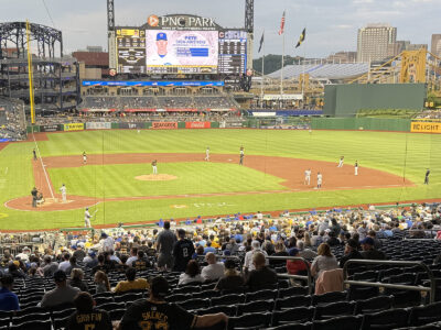 View of the field from the first base side of the main concourse at PNC Park in Pittsburgh, Pennsylvania
