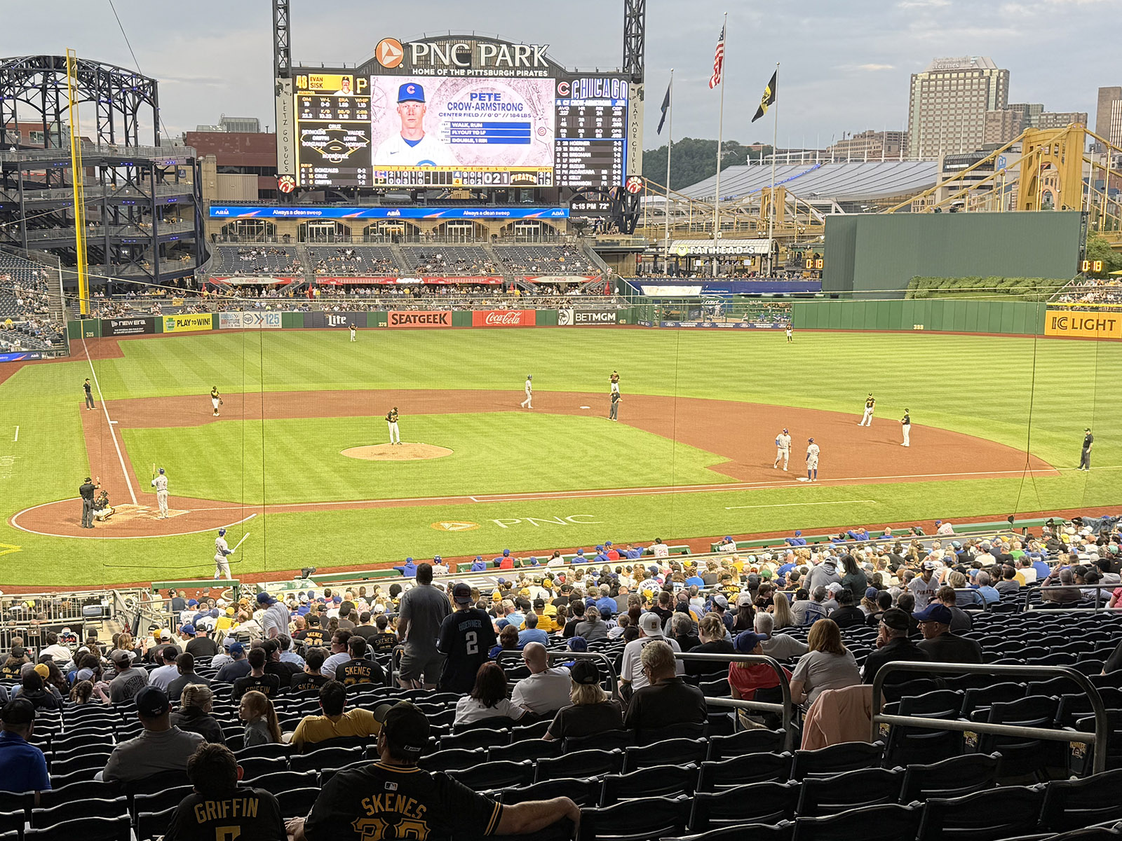 View of the field from the first base side of the main concourse at PNC Park in Pittsburgh, Pennsylvania