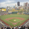 View of the field from behind home plate at PNC Park in Pittsburgh, Pennsylvania, during a Pirates baseball game