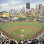 View of the field from behind home plate at PNC Park in Pittsburgh, Pennsylvania, during a Pirates baseball game