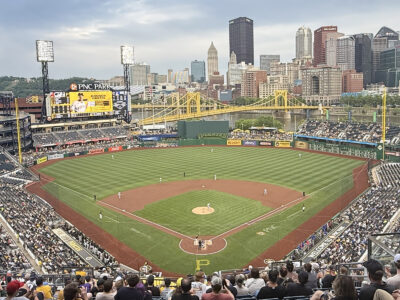 View of the field from behind home plate at PNC Park in Pittsburgh, Pennsylvania, during a Pirates baseball game