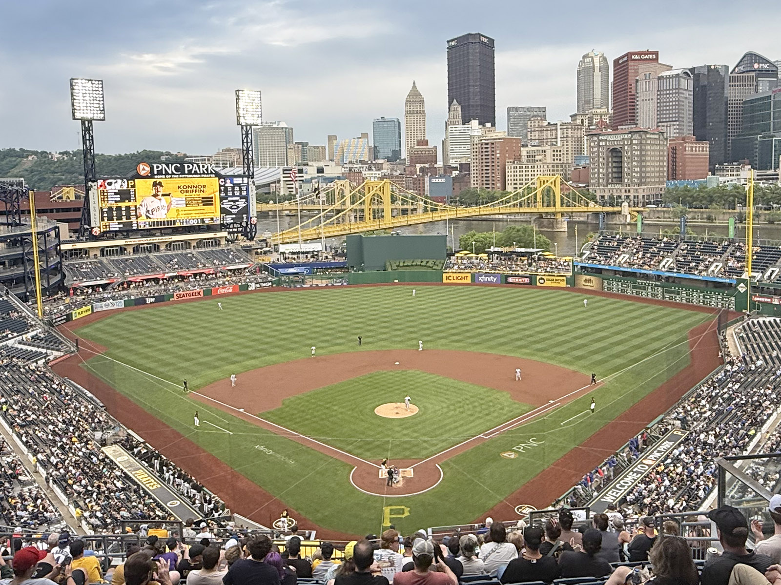 View of the field from behind home plate at PNC Park in Pittsburgh, Pennsylvania, during a Pirates baseball game