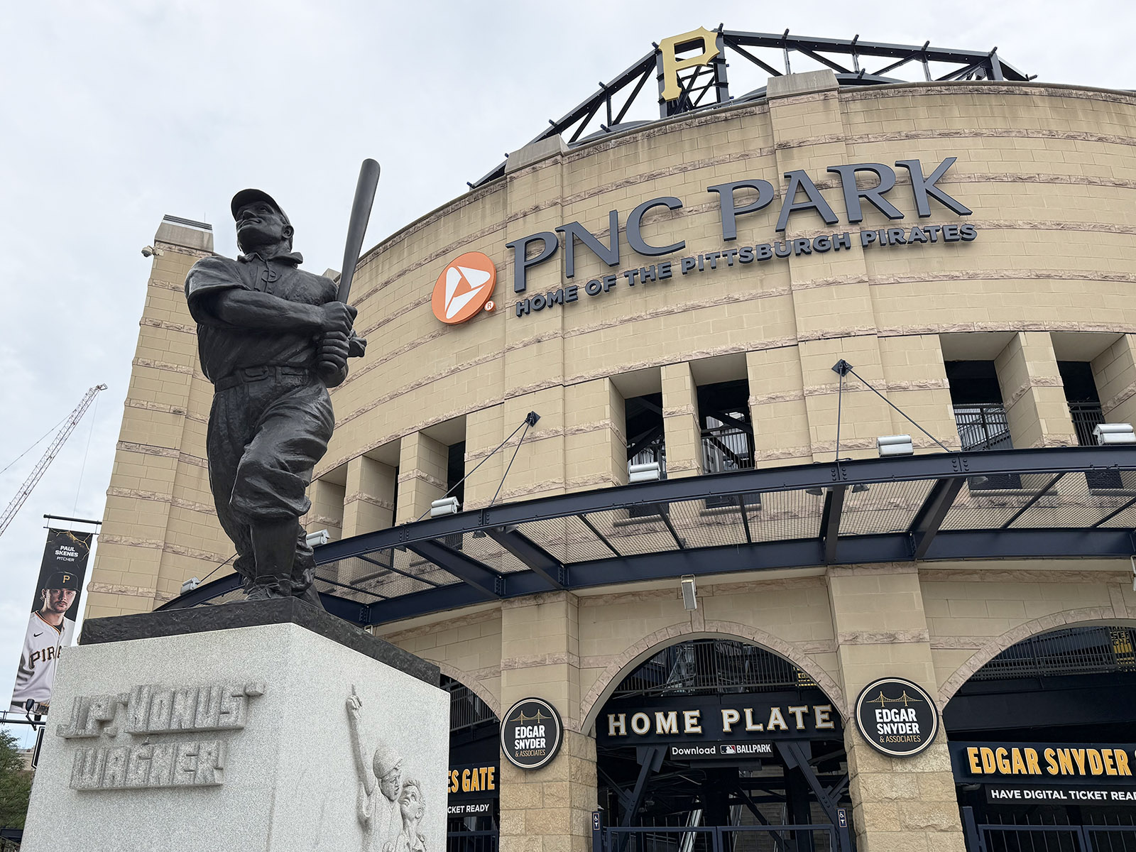 A statue of Honus Wagner stands in front of the home plate entrance at PNC Park in Pittsburgh, Pennsylvania