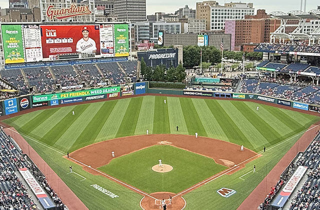 Panoramic view of Progressive Field in Cleveland, Ohio, during a Guardians baseball game