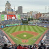 View of the field from behind home plate at Progressive Field in Cleveland, Ohio, during a Guardians baseball game