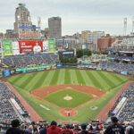 View of the field from behind home plate at Progressive Field in Cleveland, Ohio, during a Guardians baseball game