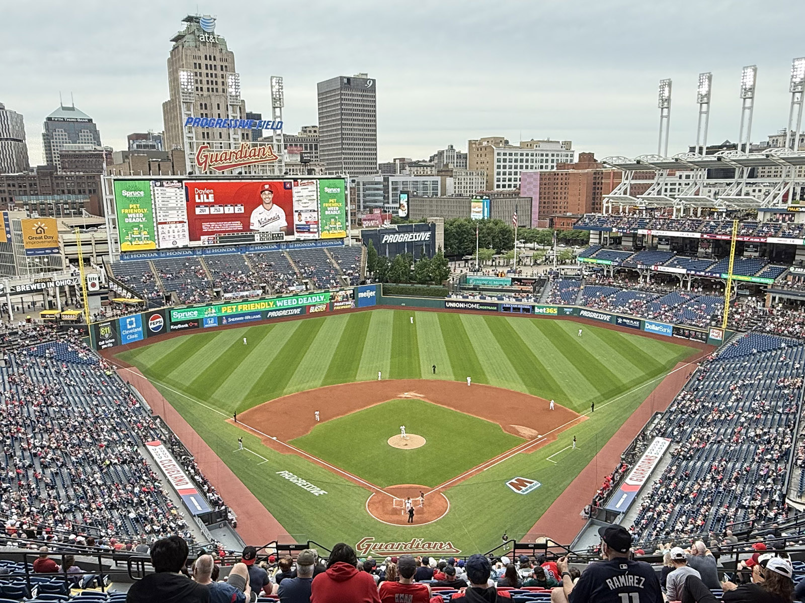 View of the field from behind home plate at Progressive Field in Cleveland, Ohio, during a Guardians baseball game