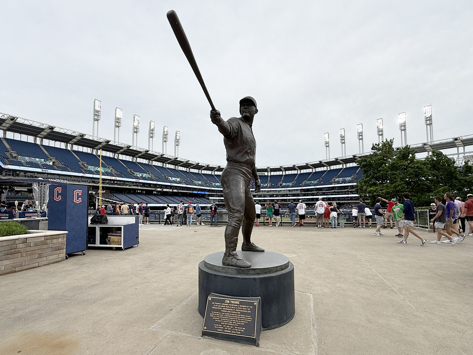 A statue of Baseball Hall of Famer Jim Thome stands in the center field plaza at Progressive Field in Cleveland, Ohio