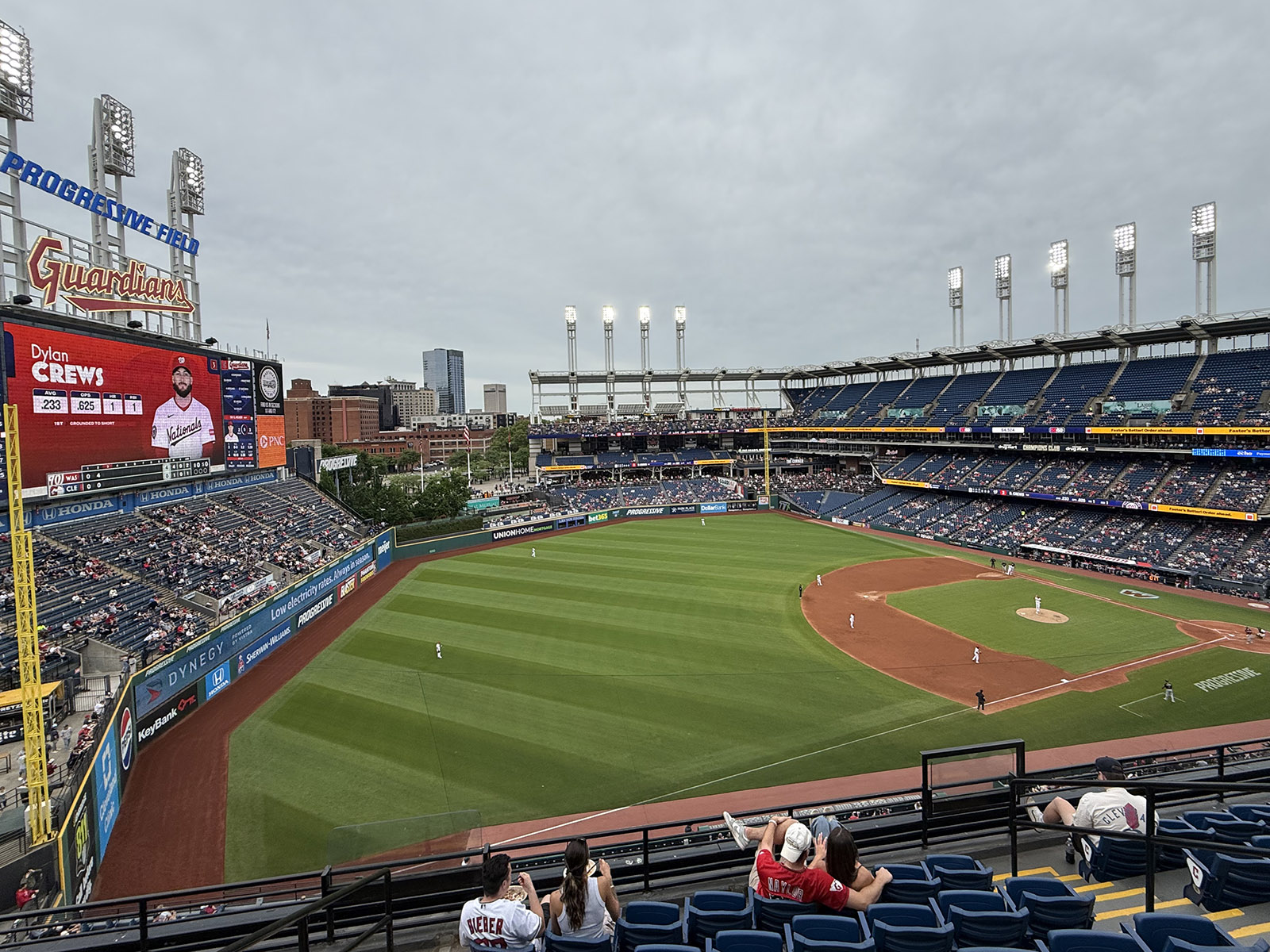 View of the field from the upper deck of Progressive Field in Cleveland, Ohio, during a Guardians baseball game