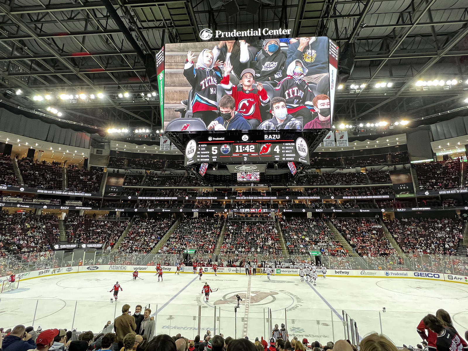 View of the rink from the lower seating level of Prudential Center in Newark, New Jersey, during a Devils hockey game