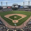 View of the field from behind home plate at Rate Field in Chicago, Illinois