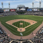 View of the field from behind home plate at Rate Field in Chicago, Illinois