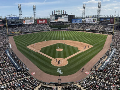 View of the field from behind home plate at Rate Field in Chicago, Illinois