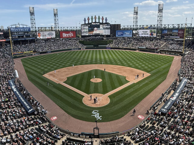 View of the field from behind home plate at Rate Field in Chicago, Illinois