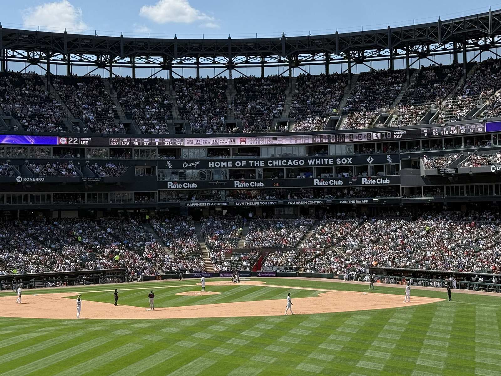 View of the field from the outfield concourse at Rate Field in Chicago, Illinois, during a White Sox baseball game
