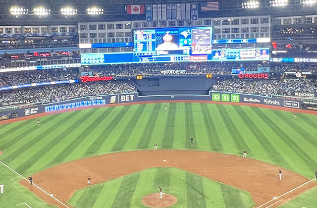 Panoramic view of the field at Rogers Centre during a Toronto Blue Jays game