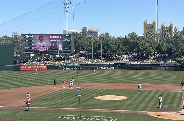Panoramic view of Sutter Health Park in West Sacramento, California, during an Athletics baseball game