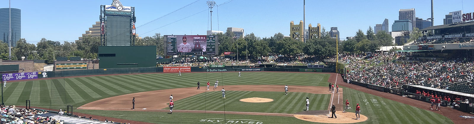 Panoramic view of Sutter Health Park in West Sacramento, California, during an Athletics baseball game