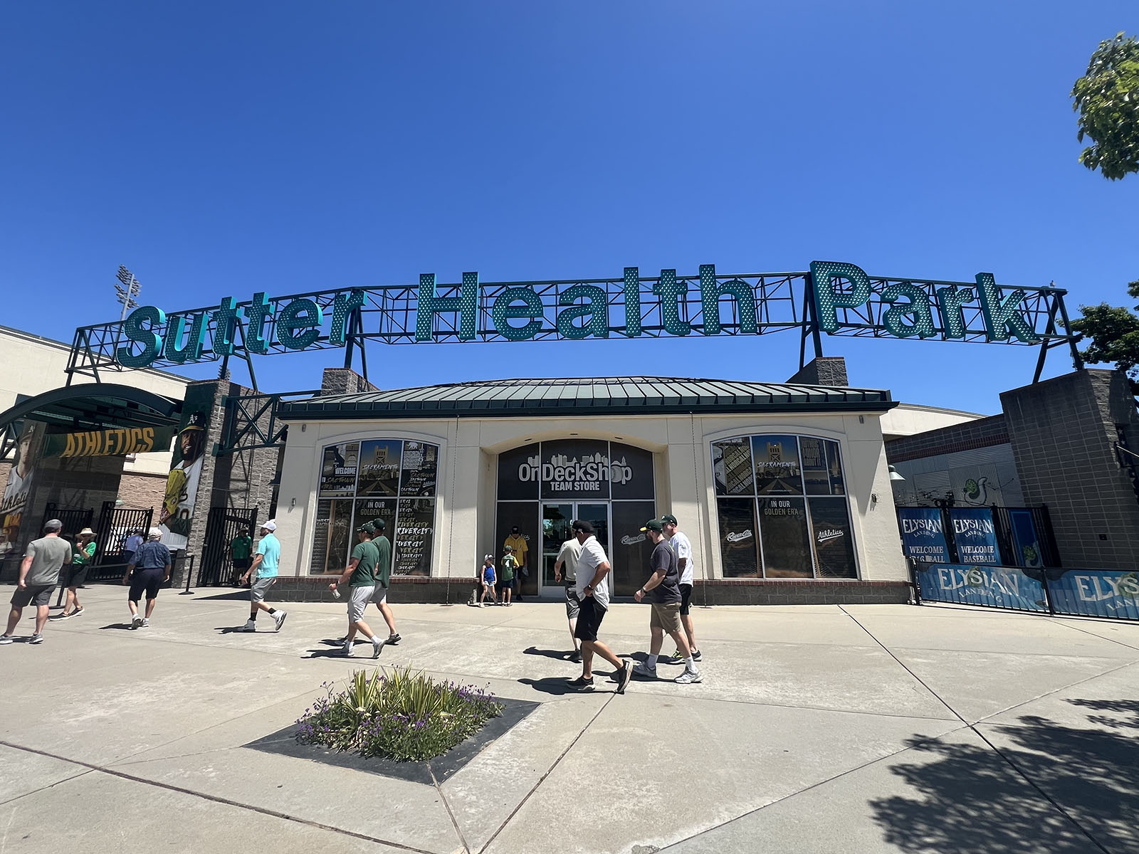 Signage seen above the entrance to Sutter Health Park, a baseball stadium in West Sacramento, California