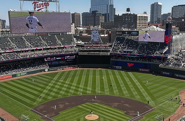 Panoramic view of Target Field in Minneapolis, home of the Minnesota Twins, as viewed from the upper deck behind home plate