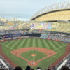 View of the field from behind home plate at T-Mobile Park during a Seattle Mariners game