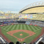 View of the field from behind home plate at T-Mobile Park during a Seattle Mariners game