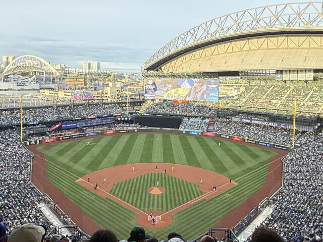 View of the field from behind home plate at T-Mobile Park during a Seattle Mariners game