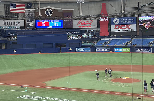 Panoramic view of the field at Tropicana Field in St. Petersburg, Florida, before a Rays baseball game