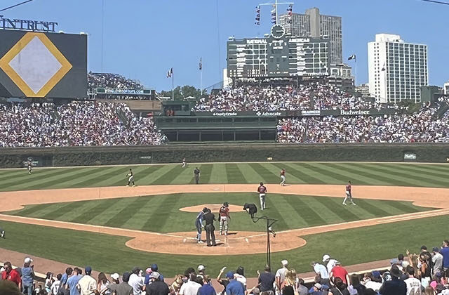 Panoramic view of the field at Wrigley Field during a Chicago Cubs baseball game