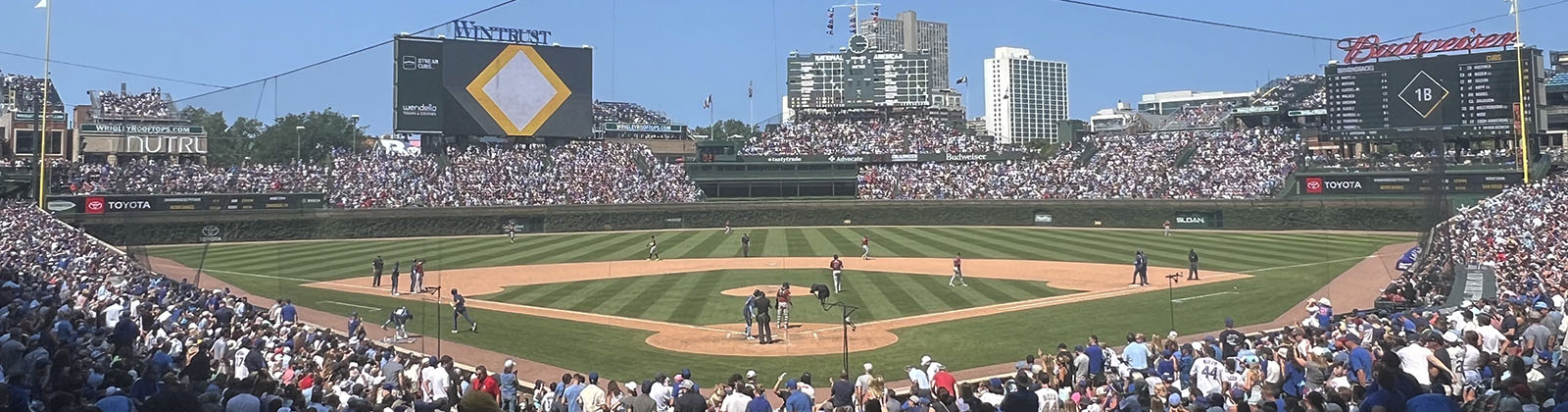 Panoramic view of the field at Wrigley Field during a Chicago Cubs baseball game