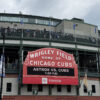 The famous red marquee adorns the front of Wrigley Field in Chicago, Illinois