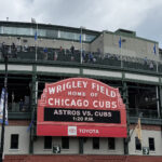 The famous red marquee adorns the front of Wrigley Field in Chicago, Illinois