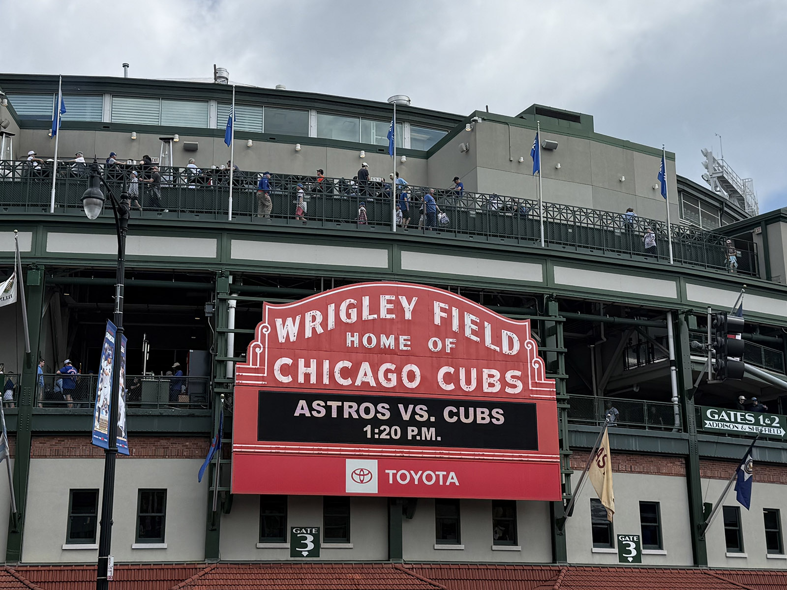 The famous red marquee adorns the front of Wrigley Field in Chicago, Illinois