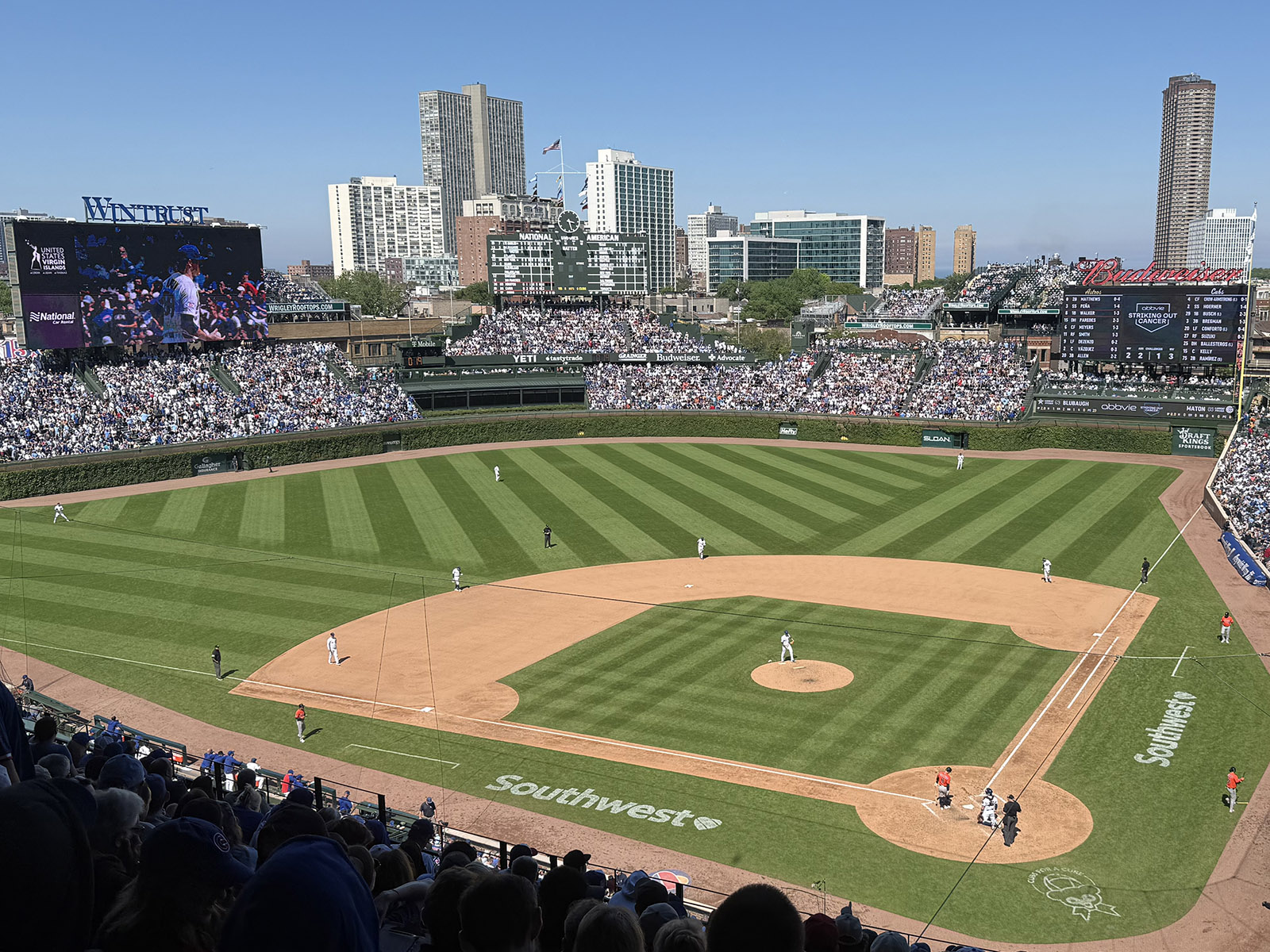 View of the field from the upper deck at Wrigley Field in Chicago, Illinois, during a Cubs baseball game