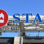 Exterior signage at BMO Stadium, a soccer venue in Los Angeles, California