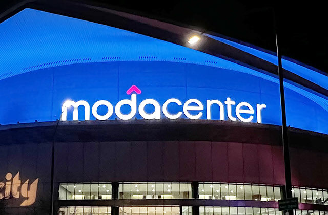 Panoramic view of the exterior of Moda Center in Portland, Oregon