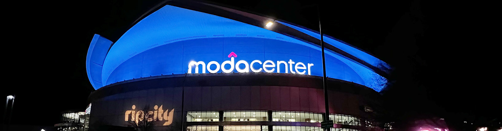 Panoramic view of the exterior of Moda Center in Portland, Oregon