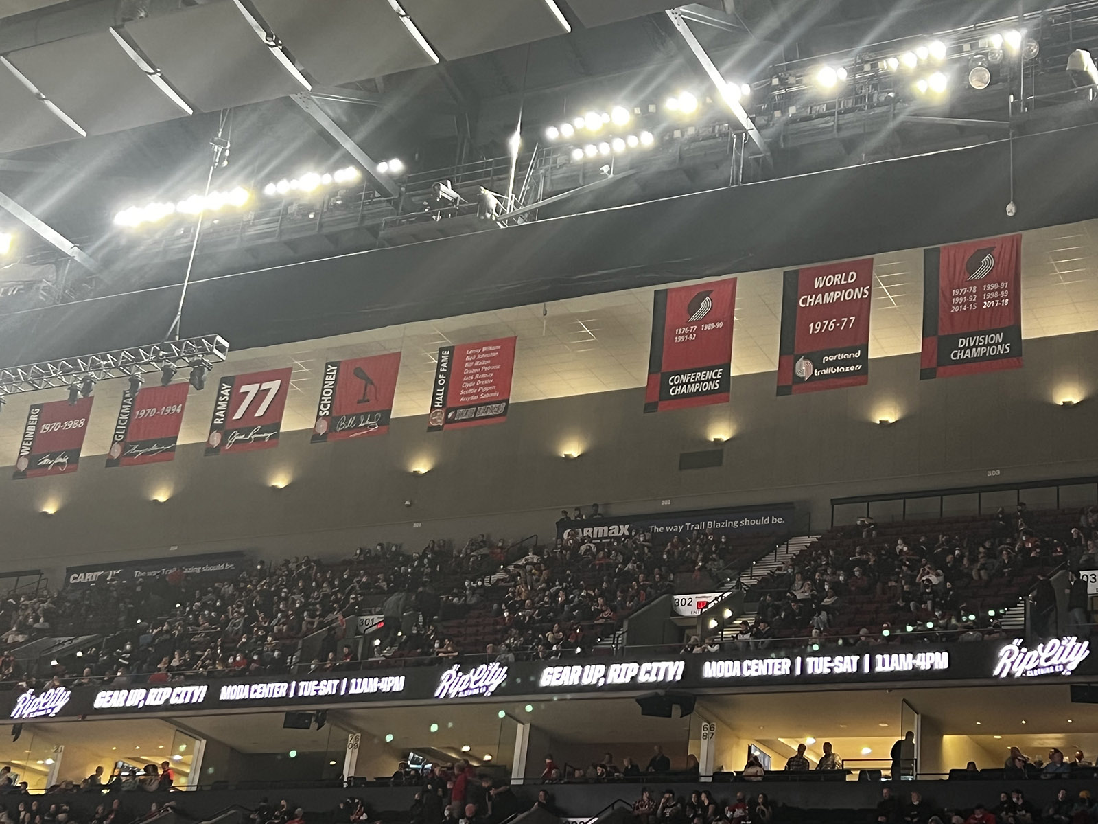 The Trail Blazers' championship banners hang from the rafters at Moda Center in Portland, Oregon