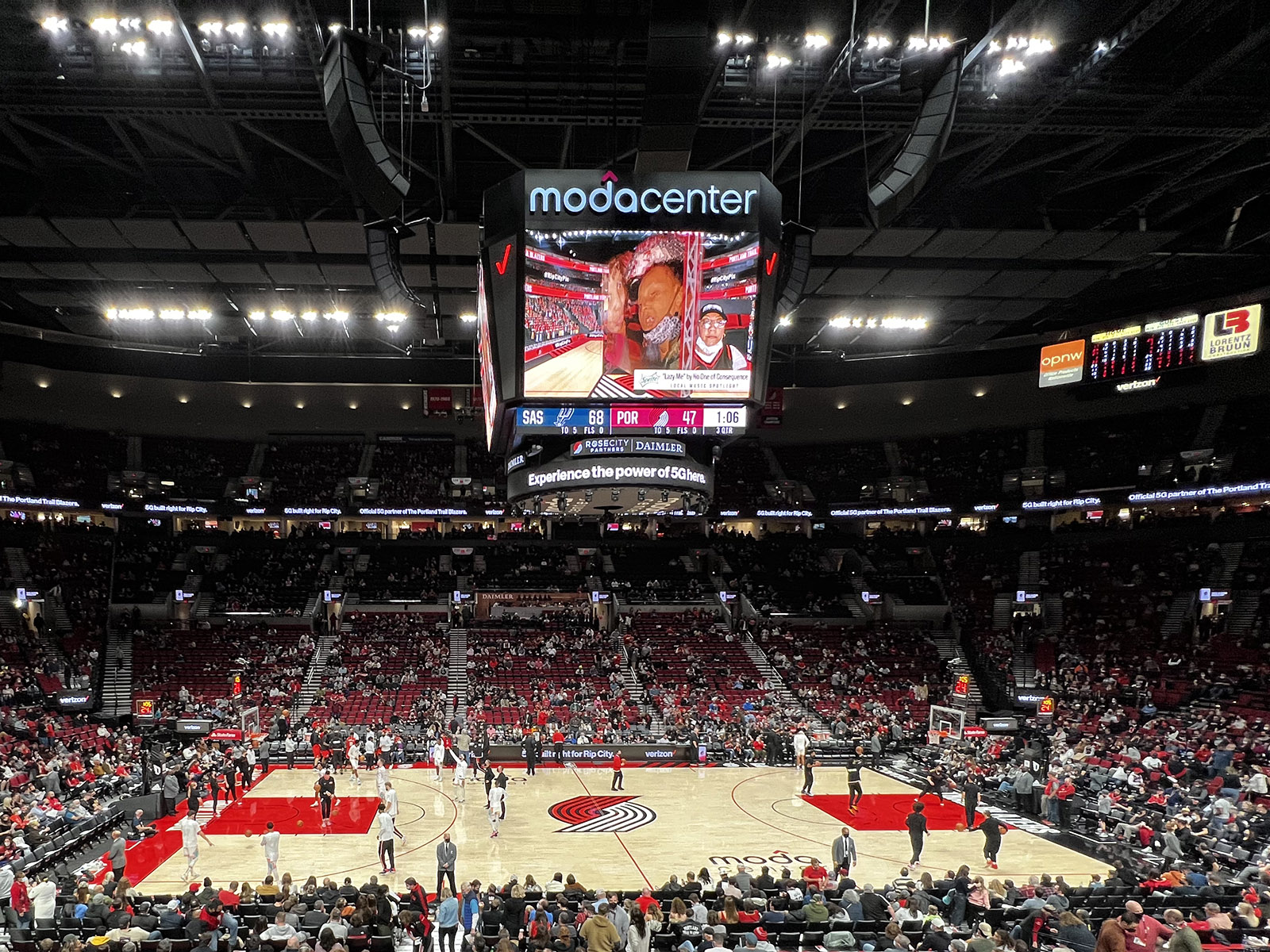 View of the court and videoboard at Moda Center in Portland, Oregon, during a Trail Blazers basketball game