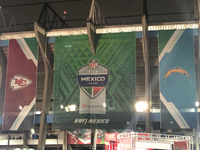 A banner outside Estadio Azteca in Mexico City denotes the NFL Mexico Game