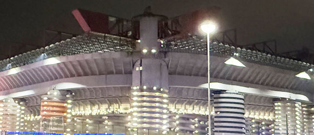 Panoramic view of the exterior of San Siro Stadium in Milan, Italy