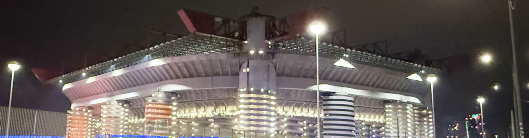 Panoramic view of the exterior of San Siro Stadium in Milan, Italy
