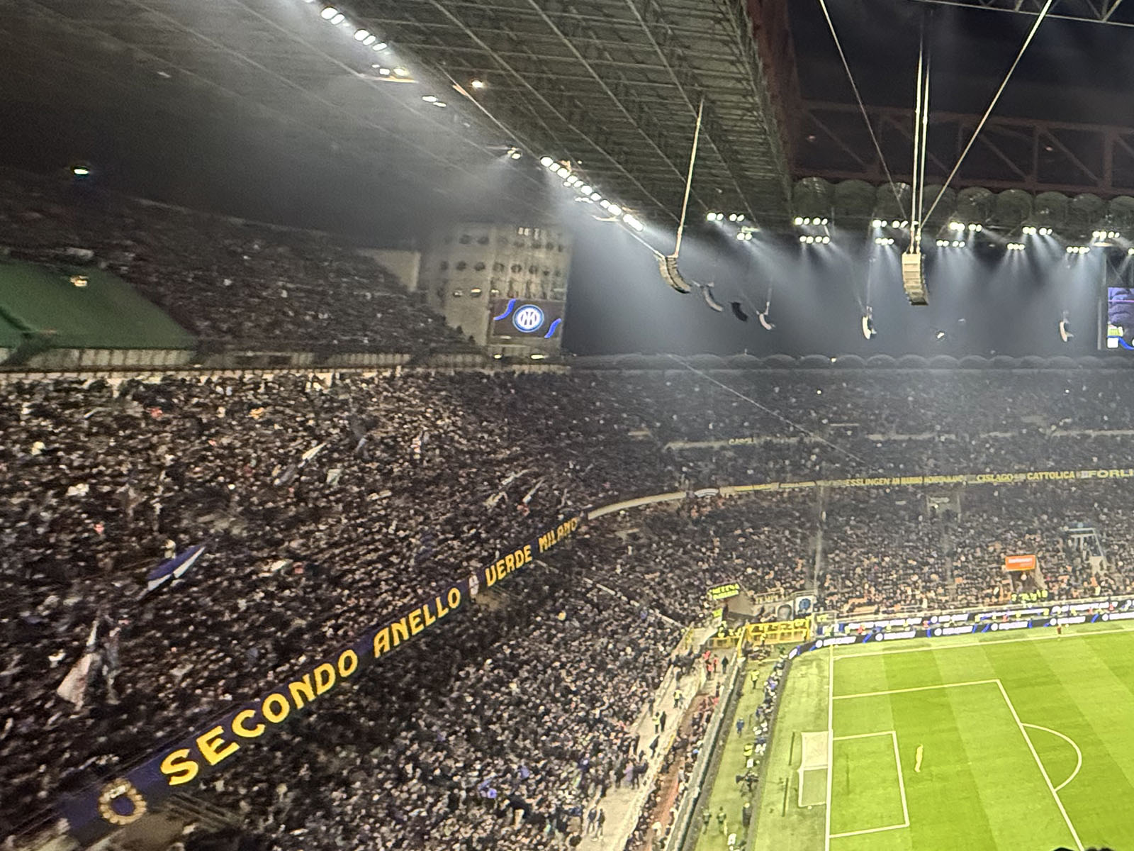 View of fans in the stands behind the goal at the San Siro stadium during an Inter Milan match